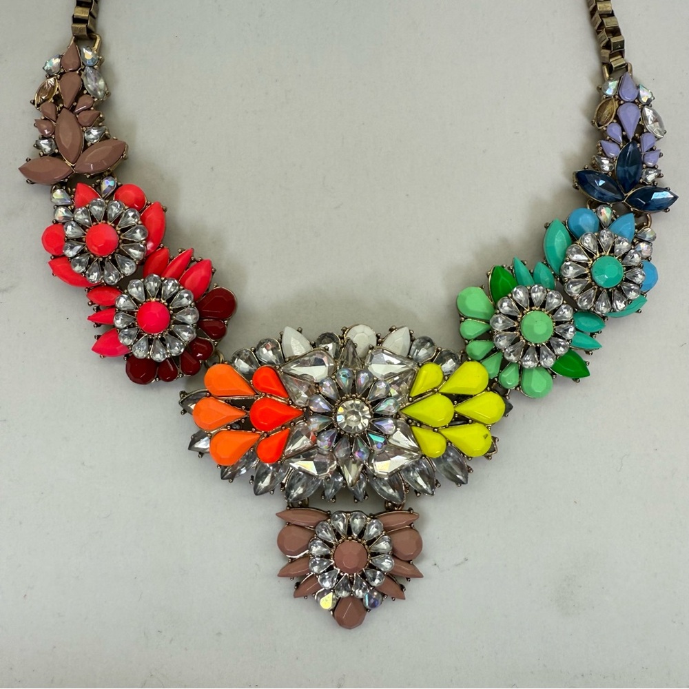 Natasha Signed Jeweled Multi Colored Flowers Statement Piece Necklace